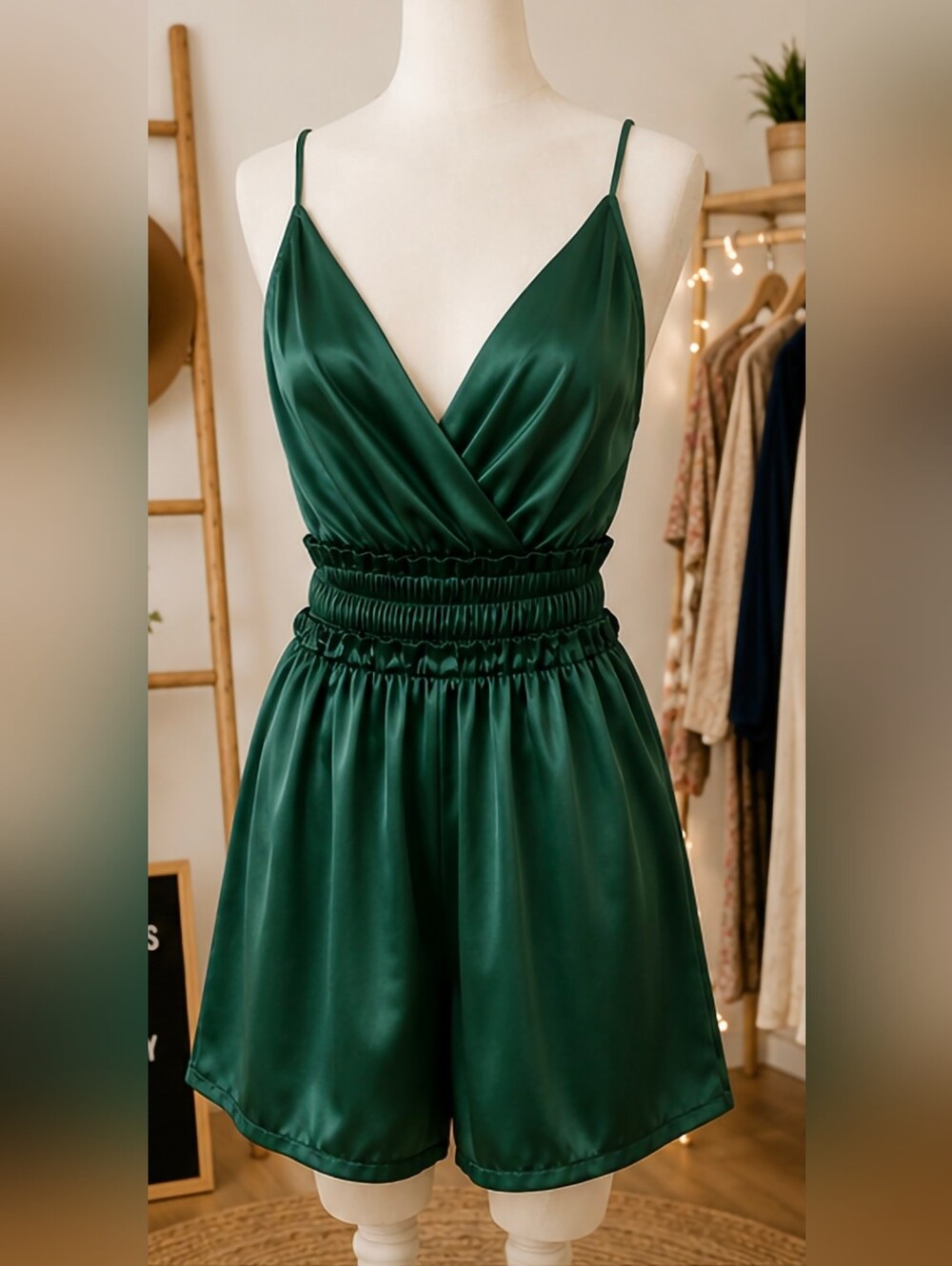 Shinestar Emerald Green Satin Romper with Shirred Waist